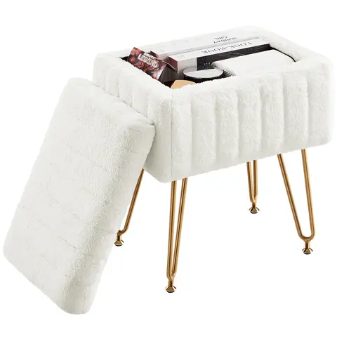 Sweetcrispy Soft Faux Fur Armless Vanity Stool Chair - Soft Cushioned Stool, 10L Storage Capacity, 4 Metal Legs, Adjustable Feet, Simple Setup in About 10 Minutes, Assembly Required, Space Saving Modern Indoor Furniture for Bedroom Footrest