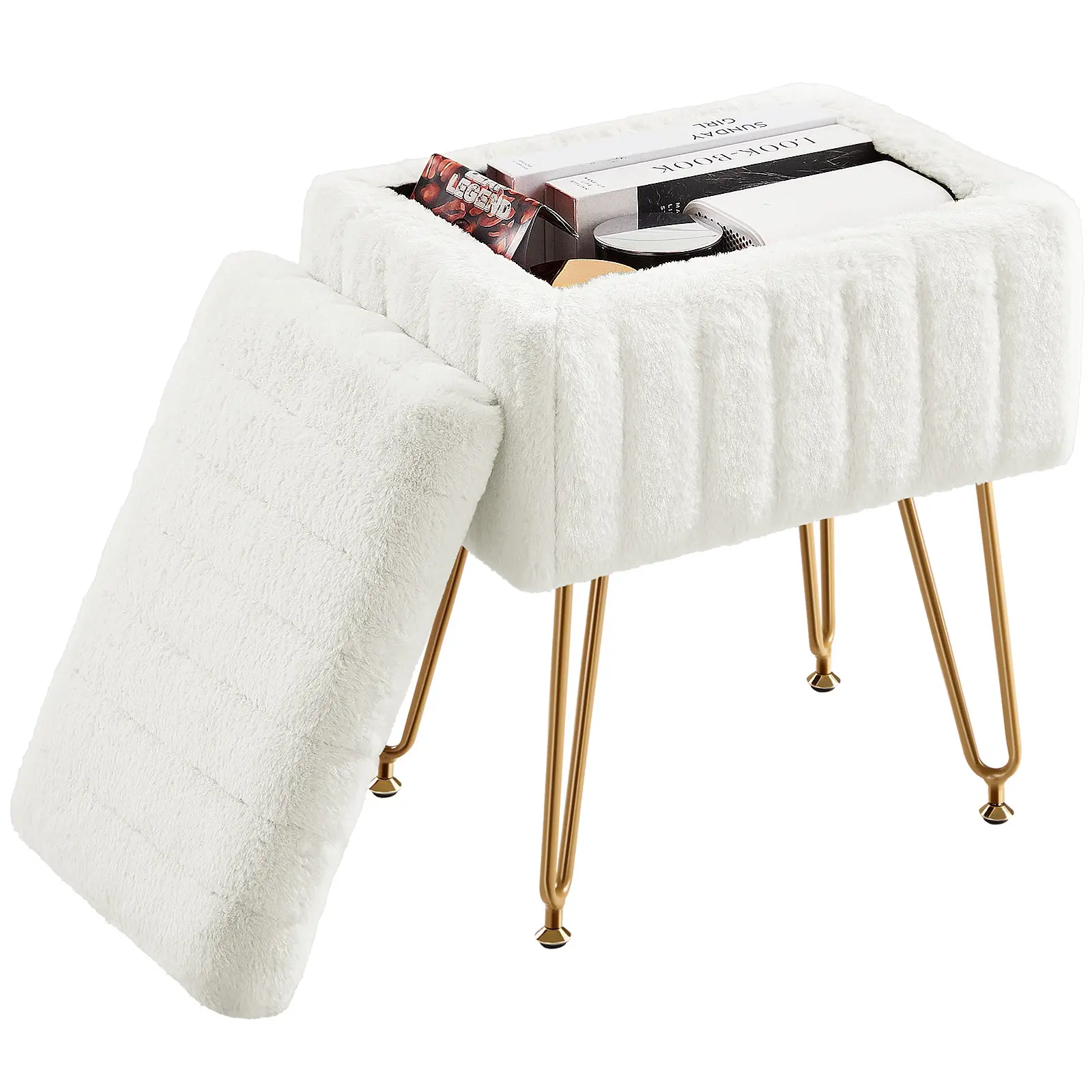 Faux Fur Vanity Stool Chair Ottoman with Storage, 4 Metal Legs, Adjustable Feet, Soft Soft Small Footstool, Modern Style for Living Room & Bedroom