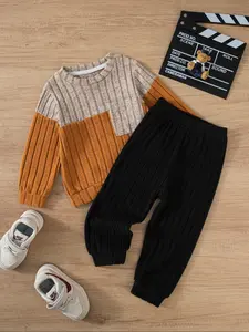 2-piece Boys' Fashion Knitwear Set Autumn/Winter Casual Patchwork Long-Sleeved Top Solid-Color Trousers Trendy Cool Baby Boy Crew-Neck Color-Block Pullover Sweatshirt with Cuffed trousers Slightly Stretch Fabric Suitable for Outdoor Wear Baby Boy Clothes