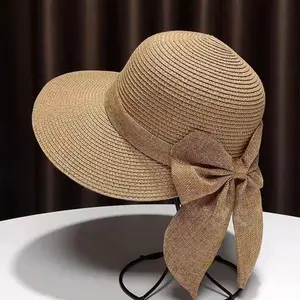 Summer UV Protection Sun Hat Wide Brim Breathable Beach Cap Bowknot Casual Straw Hat for Women