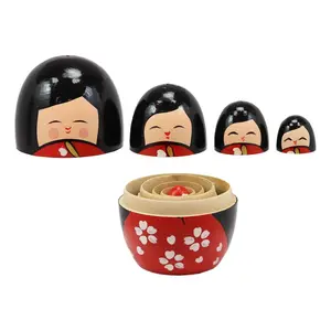 Japanese Kokeshi Girl Wooden Stacking Matryoshka Nesting Dolls 5 Piece Set Toy