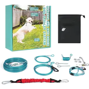 Runner for Yard - 50ft Aerial  Run  System with Shock Absorbing Bungee Tether,  Proof Steel  &  Free Pulley for Large Dogs, Backyard Zip Line for Dogs