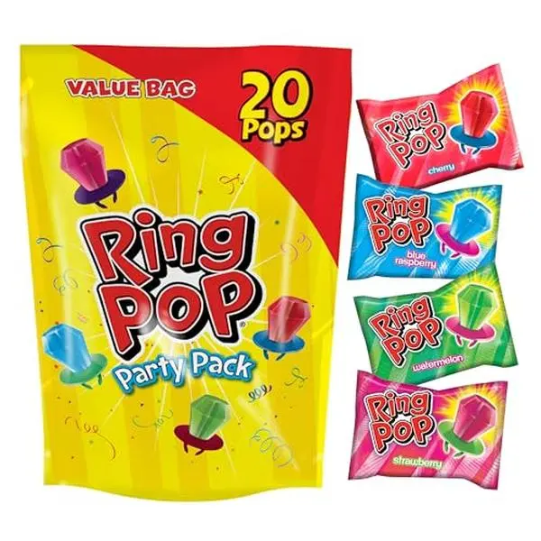 Ring Pop Lollipops - Bulk Candy Individually Wrapped Suckers Variety Party Pack- 20 Count w/Assorted Flavors - Hard Candy for Party Favors, Kids & Goodie Bag Stuffers 0.63 Pounds