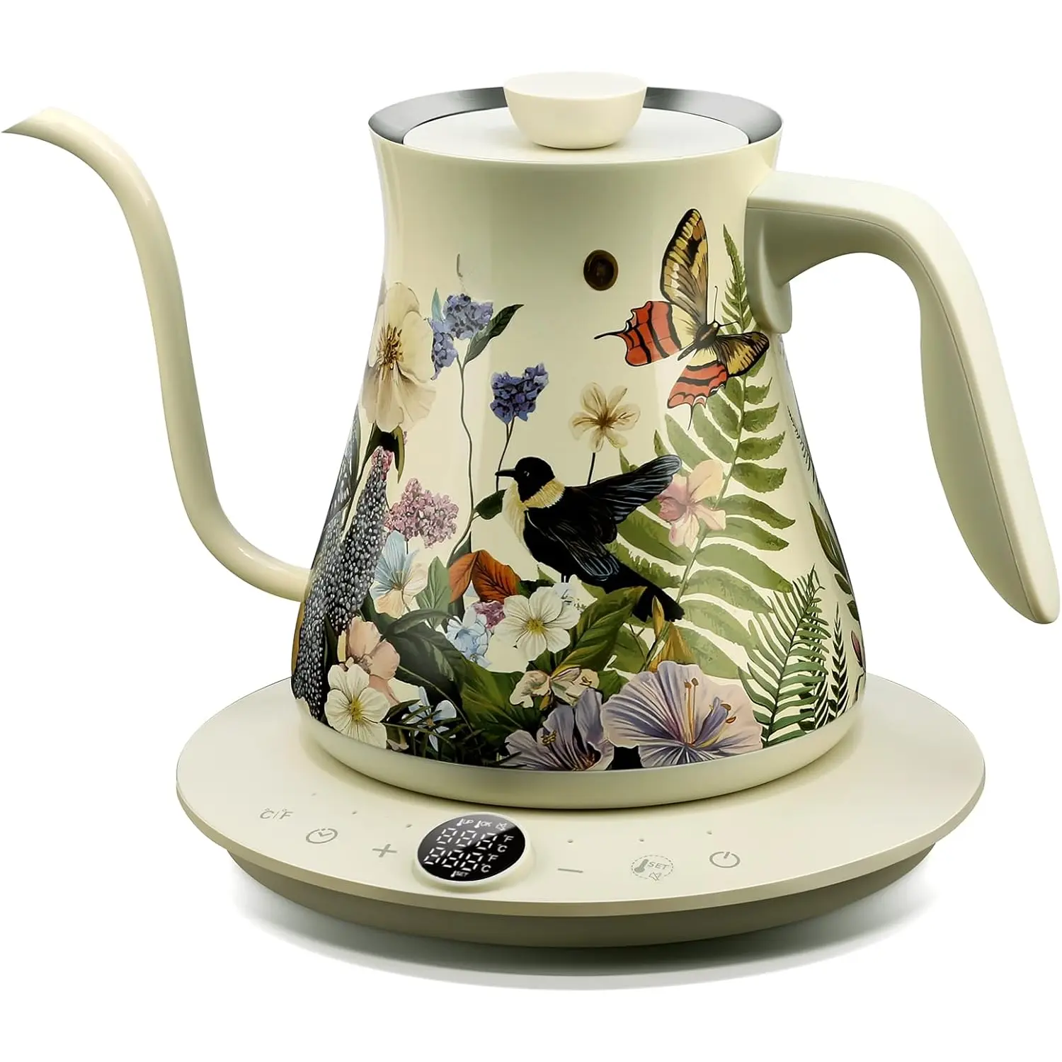 0.8L Gooseneck Electric Kettle, Precise Temperature Control for Pour Over Coffee & , 1200W Fast Boiling Water, Auto Shut Off, Scheduling, Stainless Steel, Floral Painted Design