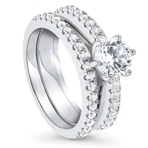 BERRICLE Sterling Silver Solitaire Engagement Rings Statement Stackable Band for Women, 1 Carat Round Cut Cubic Zirconia CZ Ring Set