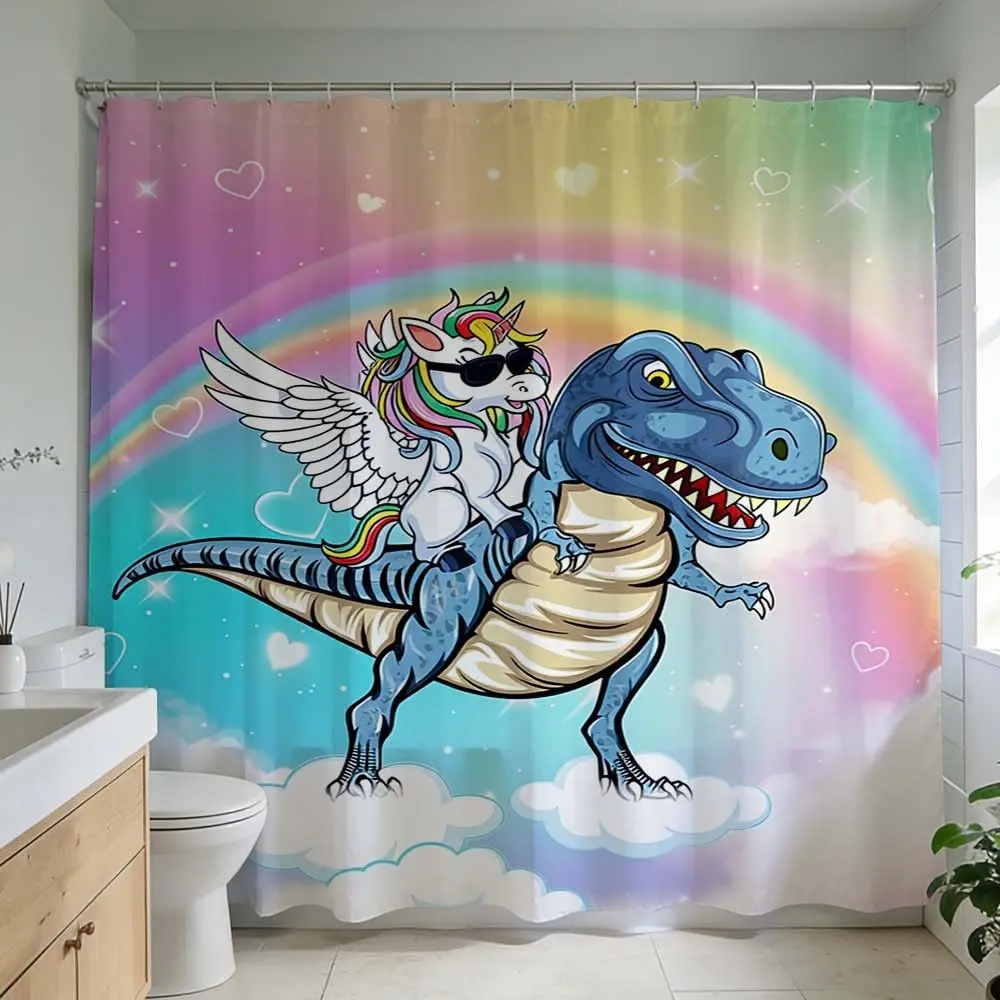 1 PC Vibrant shower curtain featuring unicorn and dinosaur fantasy design ideal for adding creative flair to modern bathroom decor vivid rainbow colors enhance whimsical charm perfect for bathroom renovation projects and unique home decoration styles styl