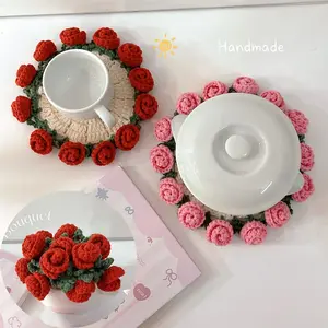 Handmade Crochet Flower Coaster Set, Crochet Bouquet Coasters, Flower Coasters Gift for Her, Mother's Day Gift, birthday gift Tableware Pink
