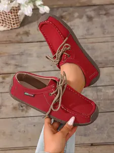 Women's Outdoor Lace-Up Flat Shoes, Extra Large Comfortable Thick Sole Rubber, Round Toe Patchwork Casual Daily Commute Vacation Shoes Flatform Walking Shoes