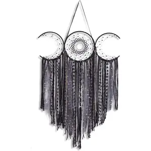 ANROYE Black Triple Moon Goddess Macrame Wall Hanging, Wicca Crescent Dream Catcher for Witch Home, Dreamcatcher for Bedroom Decoration, Pagan Woven Tapestry for Wiccan Adults Decor