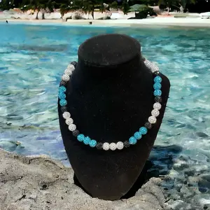 Aqua black silver handcrafted beaded necklace