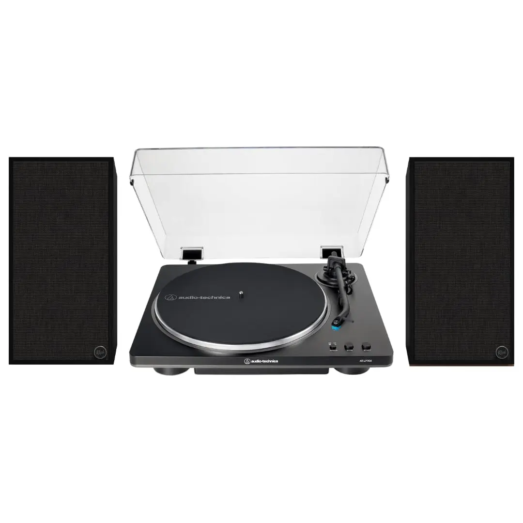 Klipsch The Sevens Heritage-Inspired Powered Bluetooth Speakers with Subwoofer, Digital Amplifier - Bundle with LP70X Fully Automatic Belt-Drive Stereo Vinyl Turntable