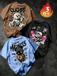 3-Pack Plus Size Men's Streetwear Loose Fit T-Shirts, Cool Bear/skeleton/street Art Short Sleeves, Casual Long Top with Lettuce Trim