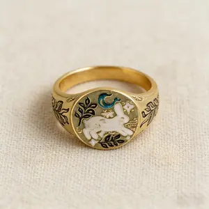 Vintage statement ring.Enamel rabbit signet ring.Unique fairy tale jewelry.Handcrafted enamel detail.Intricate leaf engraving.Oval signet ring design.Everyday cute statement ring.Unique gift for her.Edgy vintage accessory.