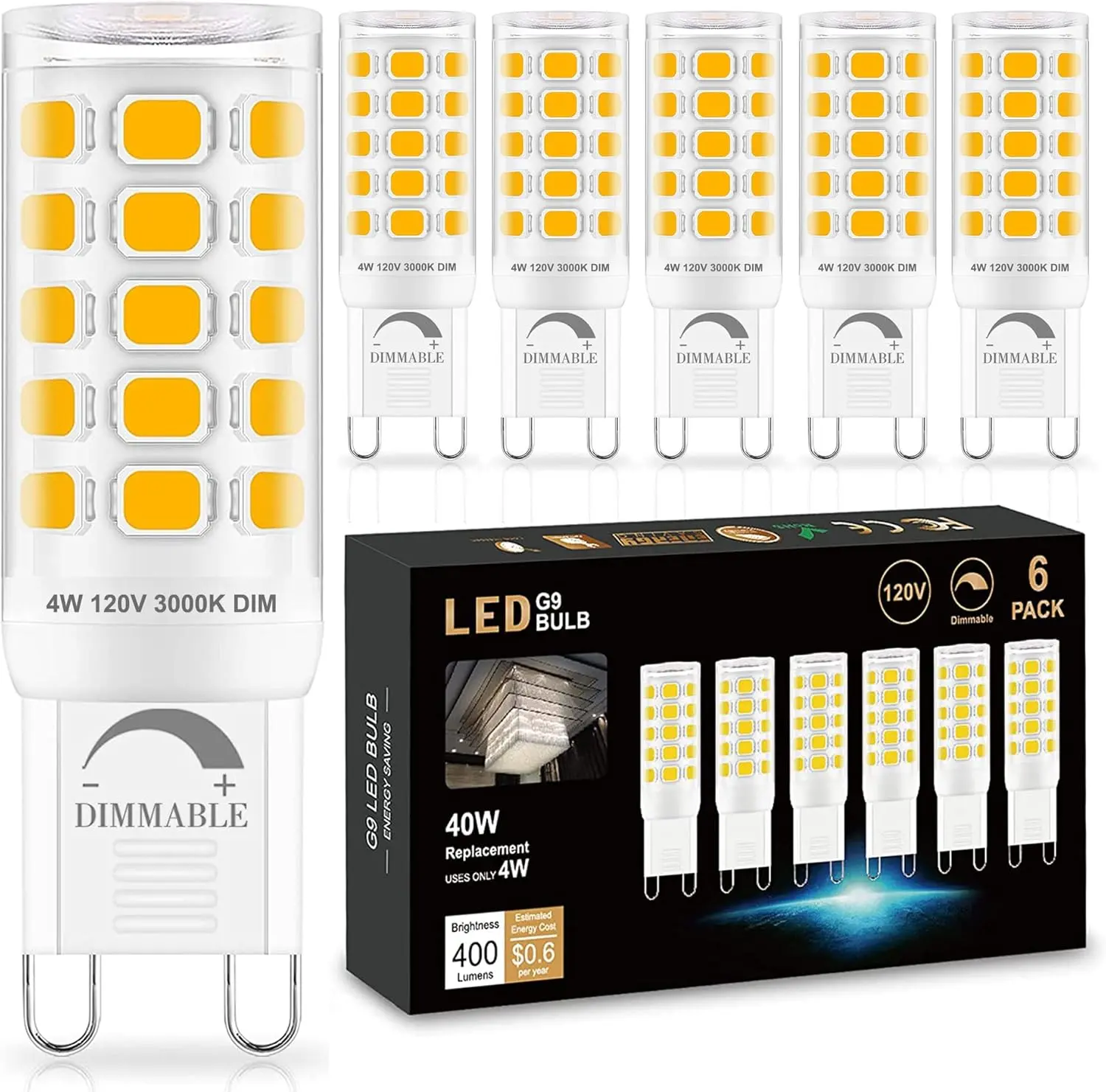 Dimmable G9 LED Bulb 4W (40 Watt Equivalent) Halogen 6 Pack 3000K| Warm White, 120V T4 G9 Light Bulb, Ceramic Base, 360°Beam Angle, 400LM, for Crystal Chandelier, Wall Sconce Home Lighting
