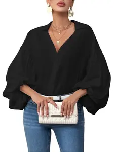 Women's New Fashion French Shirt Blouse, Half-Open Collar Design, Loose Bubble Long Sleeve, Suitable for Daily Wear and Parties