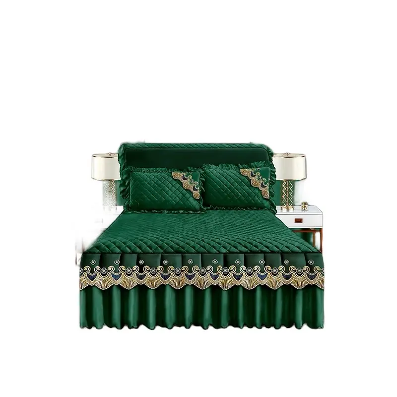 5 Pieces Bedroom Set New Sheet in Dark Green with Embellished Edges - Includes Bedspread and Pillow Covers