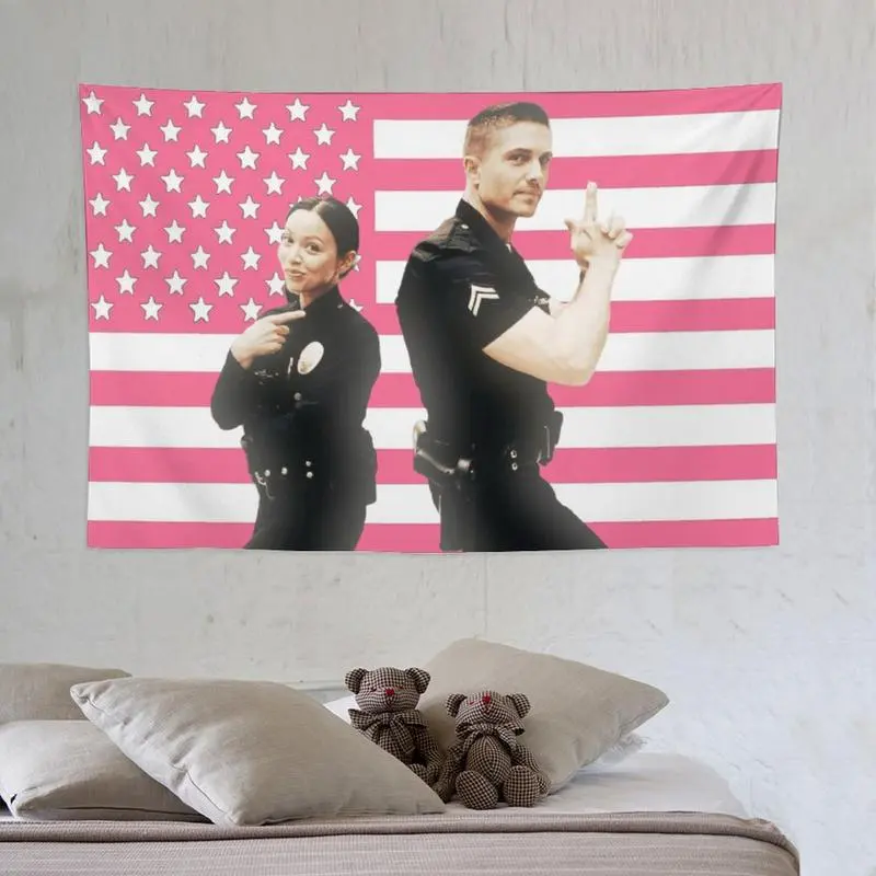 Rookie Lucy Chen & Tim Bradford Decorative Tapestry Wall Hanging, 40x30in (102x76cm) Eric Winter Blush Pink American Flag Print, Living Room Indoor Peach Photo Light Wall Art Accessory