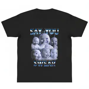 🎒 Say You Swear Baby Holding Laugh T-Shirt Funny Meme  Ai Niche Baby Graphic Tuff Holding Back a Laugh Tee AI Baby Memey2k cotton fashion Streetwear Shortsleeve Casual Top Trending