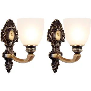2 Pack Vintage Wall Sconce Brass Wall Mounted Light Ceiling Fixture with Milk White Glass Shades for Living Room Bedroom Hallway