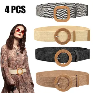 4 Pack Straw Woven Elastic Stretch Belts Women, Wide Boho Braided Dress Belts with Wooden Style Buckle