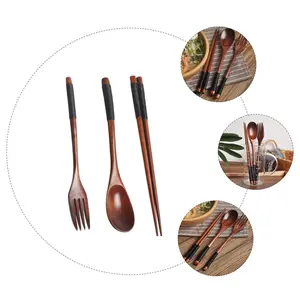 4 Sets Wooden Tableware Set – Handmade Korean Spoon, Fork & Chopsticks with Black Grip Handles, Heat-Resistant Flatware for Family Meals – Perfect for Couples, Kids, or Parents – Buy 4 Get 2 Free – Ideal Mother’s & Father’s Day Gift