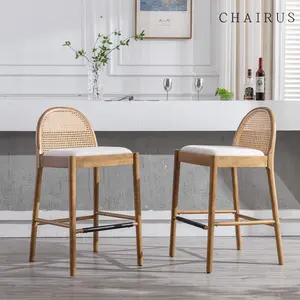 CHAIRUS  Modern White Rattan Counter Stools Set of 2, 26 Inch Height - Wooden Sherpa Upholstered Bar Stools Barstool with Oval Rattan Backrest - Armless Kitchen Island Stool Chair White