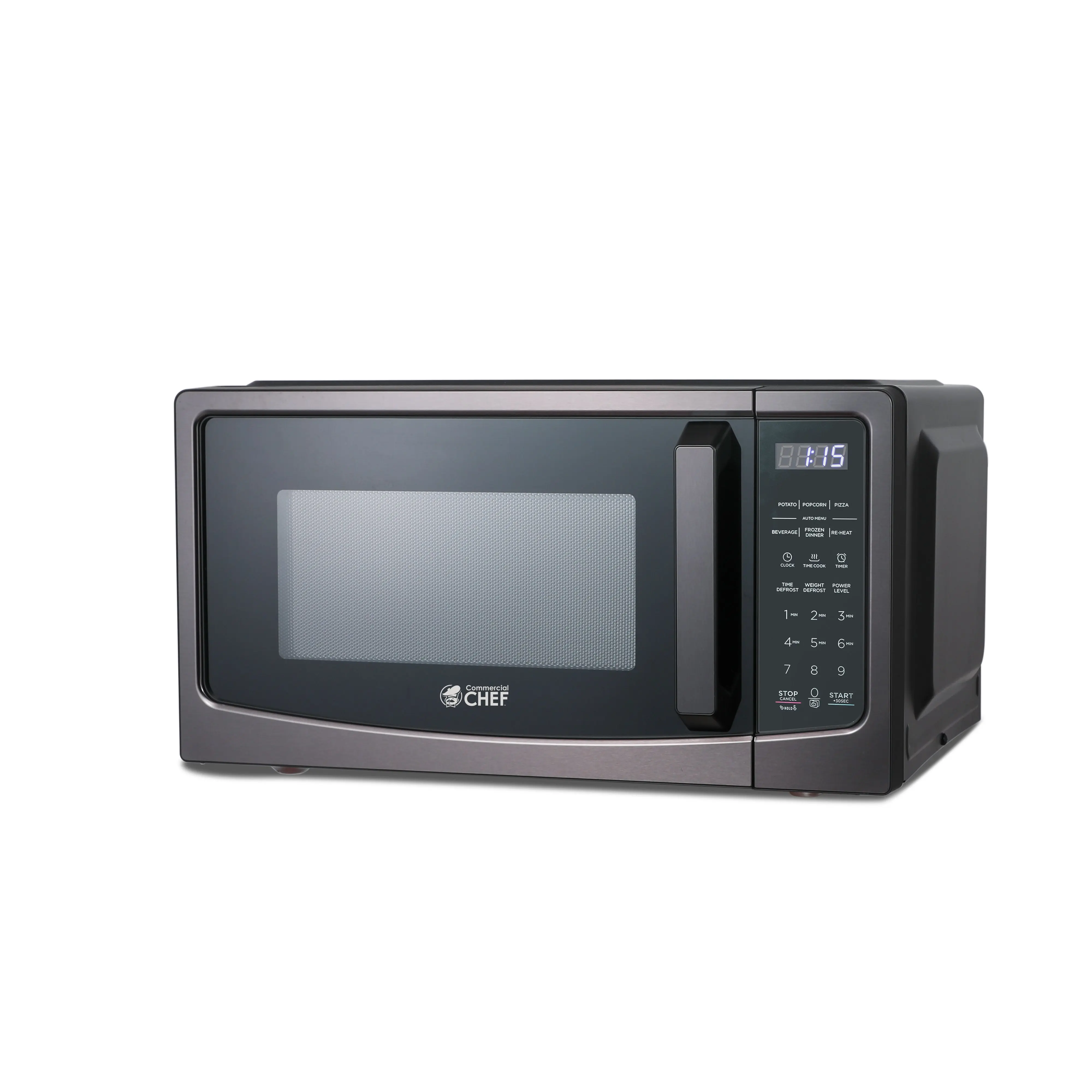 Commercial Chef 1.1 Cu. Ft. Countertop Microwave Oven, Touch Controls with LED Display, 1000W, 12.4 Turntable Plate, Pull Handle, 10 Power Levels, CHM11GBS, Black with Stainless Steel