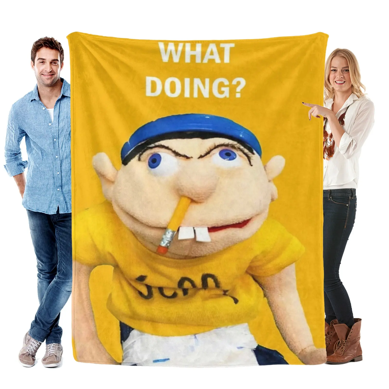 Jeffy "What Doing?" Meme Print Flannel Throw Blanket - 100% Polyester Flat Weave Fabric, Wrinkle Resistant, Durable, Machine-Washable, Excellent Warmth Insulation - Camping-Travel Friendly - Gift for Meme Culture Fans, Girlfriend - Ideal for Beds