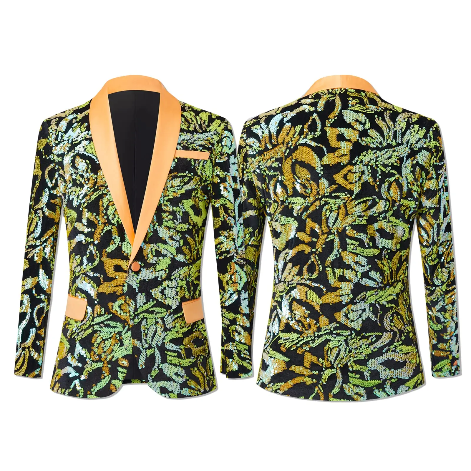 Men's Slim-Fit Satin Menswear Blazer Jacket - Colorful Shiny Sequins, Lapel Flower, Pockets, Formal Attire for Wedding, Prom Suit (Orange), Blazer Suit, Floral, Party, Satin Fabric, Classic, Small, Casual, Festival Costume, Long Sleeve, Multiple Pockets