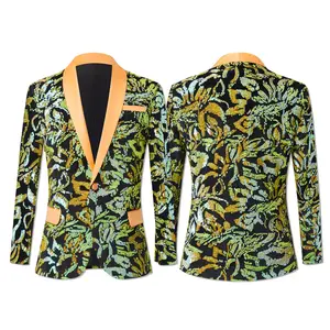 Men's Colorful Shiny Sequins Lapel Slim-Fit Stylish Blazer Jacket Dress Suit Costume for Homme Stage Clothes (Orange)