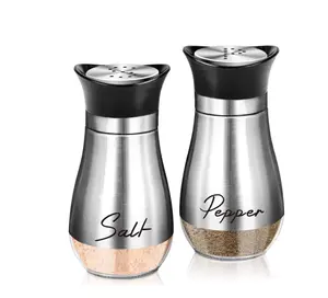 2pcs(1set) Stainless Steel Pepper Shaker & Glass Seasoning Jar, Barbecue Spice Container, Suitable For Kitchen, Restaurant And Outdoor Grilling