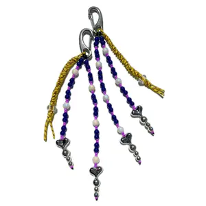 Handmade Long Beaded Bag Charm, Navy Blue & Lilac Chrome Heart Beaded Bag Charm, Bold Statement Keychain, Bold Accessory Key Chain, Yellow paracord keychain