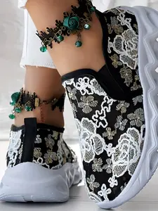 Women's Fashion Low-Top Hollow-Out Transparent Mesh Sports Shoes, Lightweight Comfortable Casual Style, Outdoor Sport Essential Sneakers, Breathable Athletic Sneakers, Floral Print Sneakers