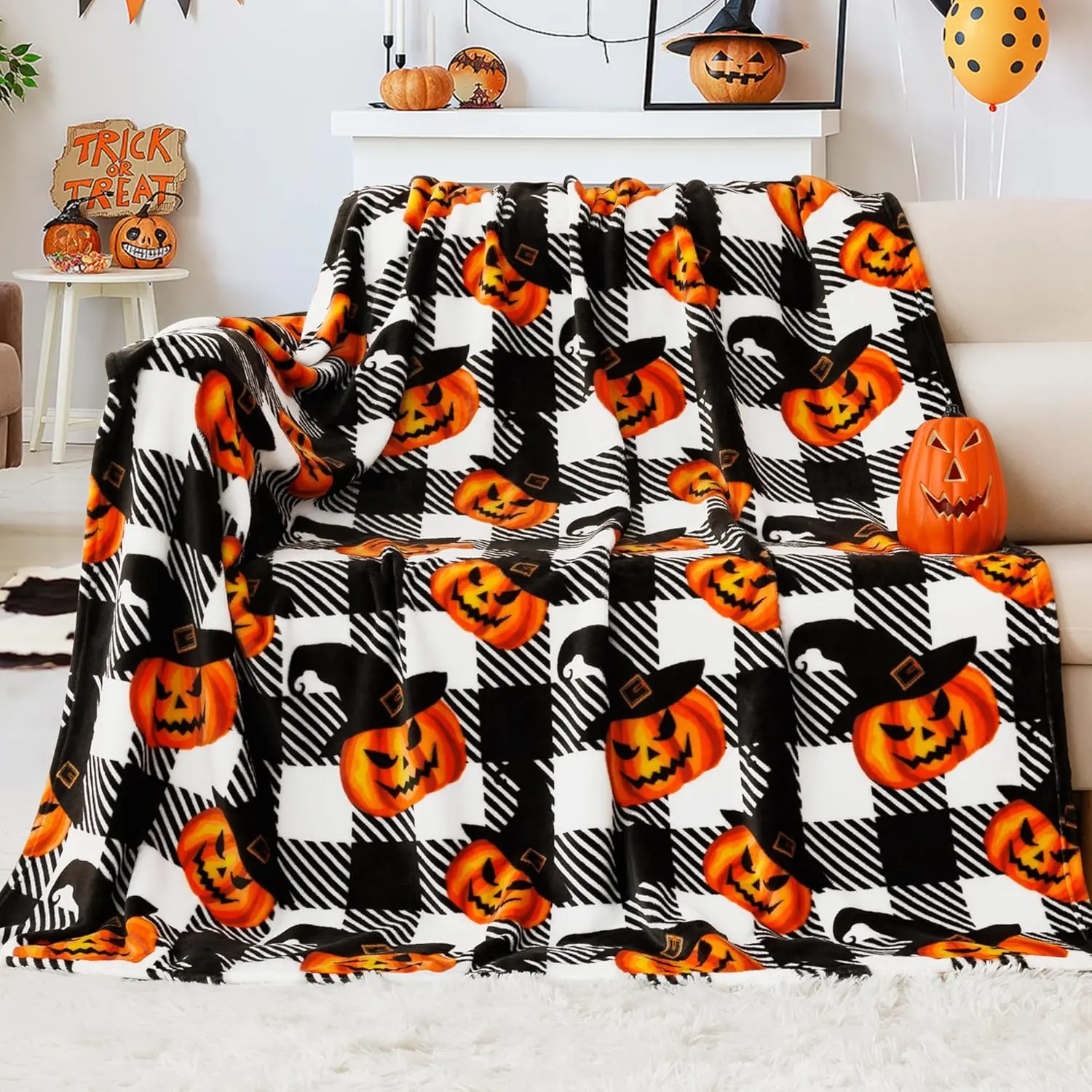 Halloween Blanket, Flannel Throw Blankets, Buffalo Plaid Throw Blanket for Couch Sofa Bed, Soft Warm Fuzzy Cozy Plush Checkered Blanket, Farmhouse Fall Decor, Black