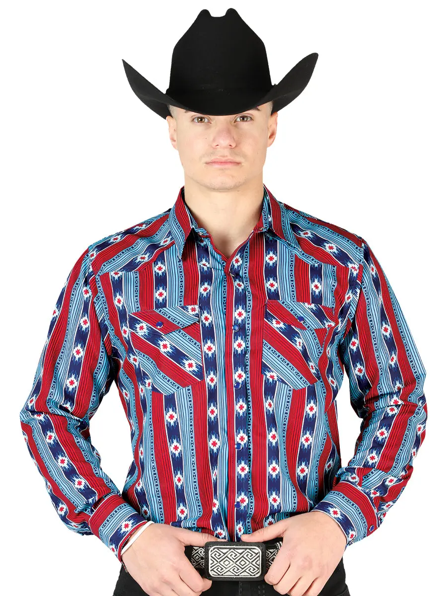 Men's Long Sleeve Western Fashion Snap Button Shirt - Blue/Red 44212