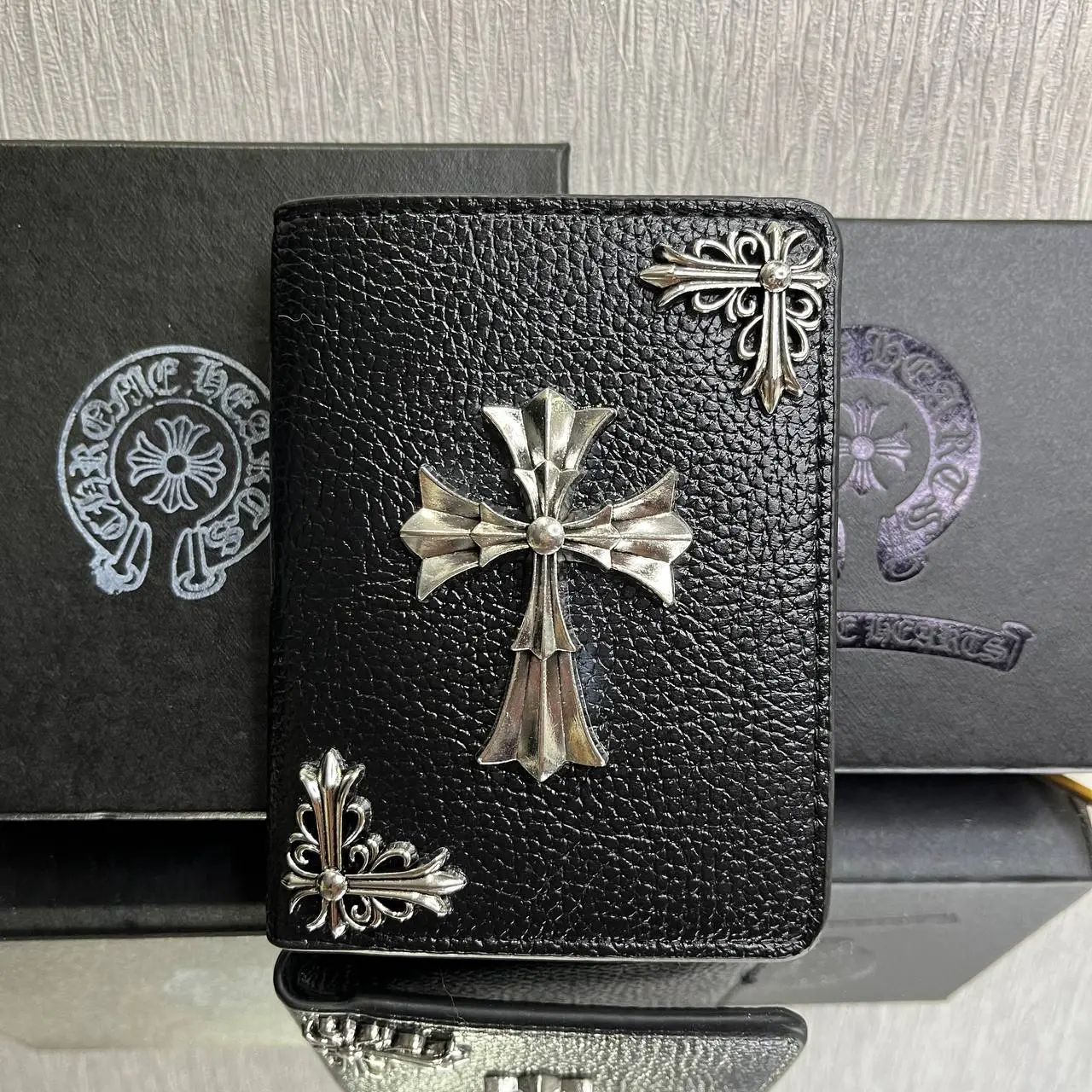 Men's Black Leather Passport Wallet Holder 150x110x15mm, Travel Wallet with Card Slots & Metal Cross Detail, Men's Wallet, Gift For Him