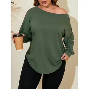 Imily Bela Women's Plus Size XL-5XL Tops Off Shoulder Long Sleeve Loose T Shirts Casual Curved Hem Tunics Tee Shirt