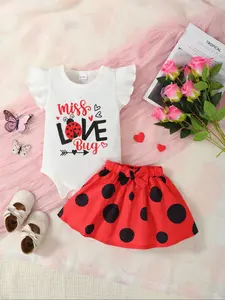 Girls' Summer Holiday Set, Baby Clothing, Cute Letter & Beetle Print Triangle Shorts & Skirt, Comfortable Casual Wear, Fitted Style