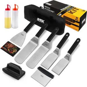 RüK 11 PCS Flat Top Griddle Accessories Set with Anti-Scalding Long Handle Metal Spatula, Griddle Scraper, Cleaning Kit Kitchen Plastic Stainless Steel Utensils Bbq Grill Meat Silicone Sturdy
