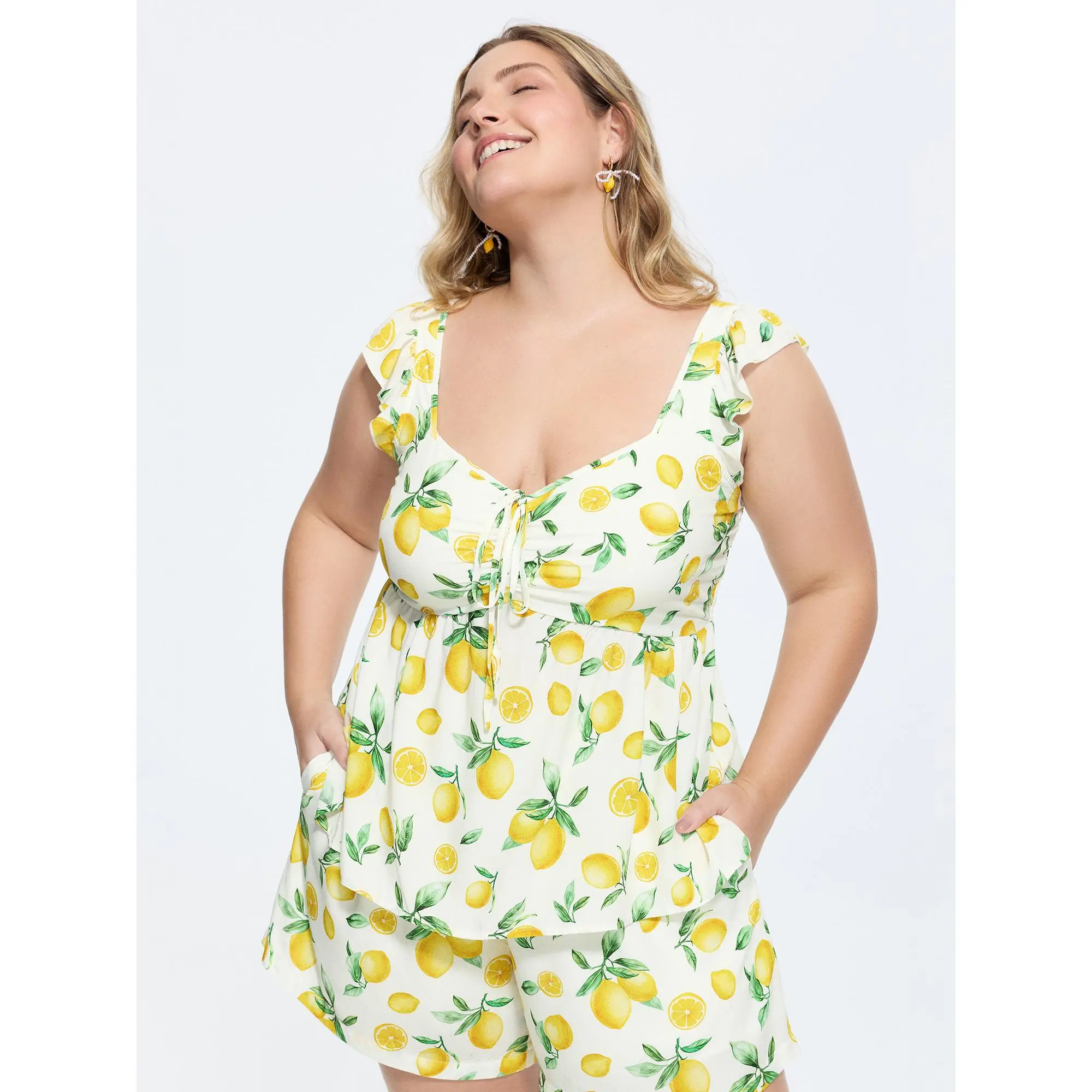 BloomChic Women's Plus Size Lemon Print Rayon Blouse - Ruffled Cap Sleeve Lace-Up Shirt with Smocked Detail, White Fabric Women's Clothes for Summer Resort Wear Lady,Summerfinds