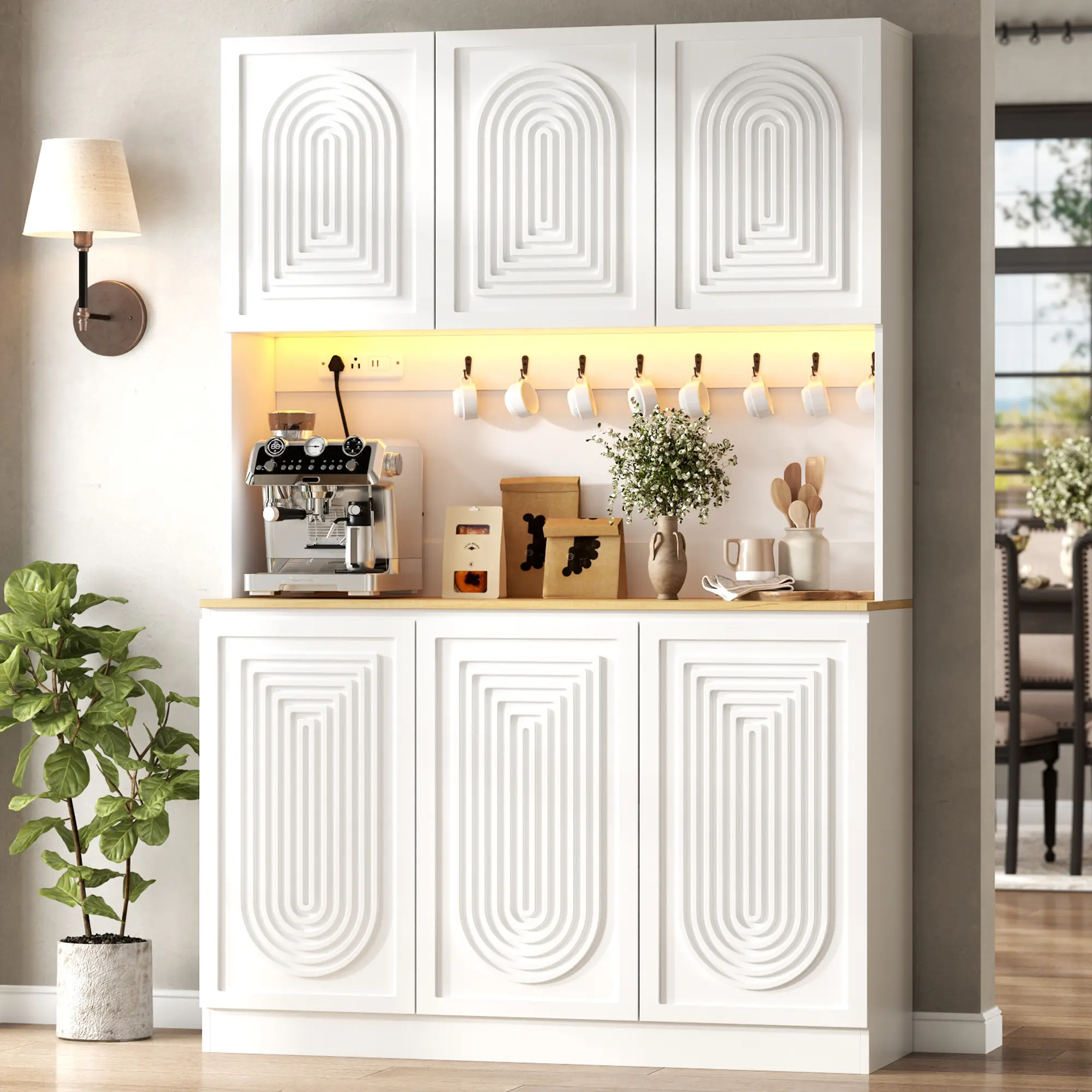Gyfimoie 71" Tall White Kitchen Pantry with Power Outlet & LED Light, Large Kitchen Hutch Cabinet with Adjustable Shelf, Modern Buffet Cabinet with 6 Doors (White) Sideboard With Storage Storage Furniture
