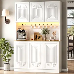 Gyfimoie 71" Tall White Kitchen Pantry with Power Outlet & LED Light, Large Kitchen Hutch Cabinet with Adjustable Shelf, Modern Buffet Cabinet with 6 Doors (White) Sideboard With Storage Storage Furniture
