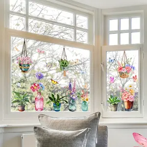 A piece of (30*60cm) electrostatic glass sticker with patterns of vases, potted plants, butterflies and flowers, which is double-sided visible for window decoration, without glue, D13541-KN, Floral Pattern Sticker