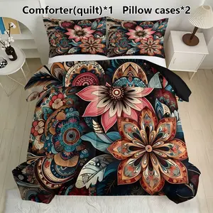 3-Piece Floral Quilt Set (1 Quilt + 2 Pillowcases), Floral Pattern, Soft Lightweight Breathable Bedding, All-Season Home Use, Includes Filling