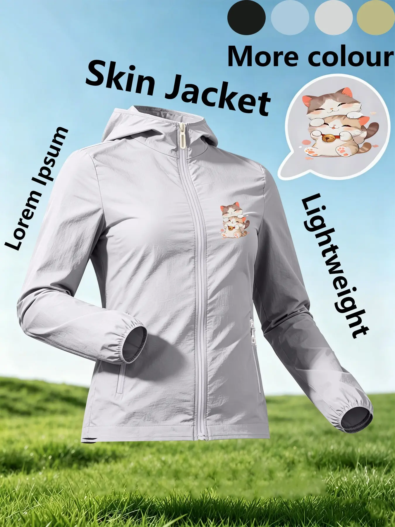 Women's Hooded Skin Jacket With Cute Stacked Cats Print All Season Lightweight Breathable Windbreaker Loose Slim Fit Comfortable Skin Friendly Youthful Casual Vibe Multiple Colors Ultra Light Portable Versatile Daily Wear Commuting Travel Outdoor