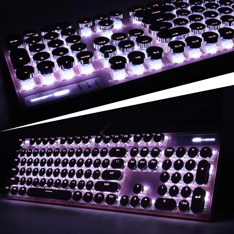 Typewriter Style Mechanical Gaming Keyboard, Pink Retro Punk Gaming Keyboard with White Backlit, 104 Keys Blue Switch Wired Cute Keyboards, round Keycaps for Windows/Mac/Pc Camiysn