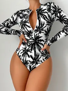 VYNCE Summer Beach Palm Tree Print Zip Up One Piece Swimsuit Bathing Suit Vacation Pool Party Tropical Resort Wear Trendy