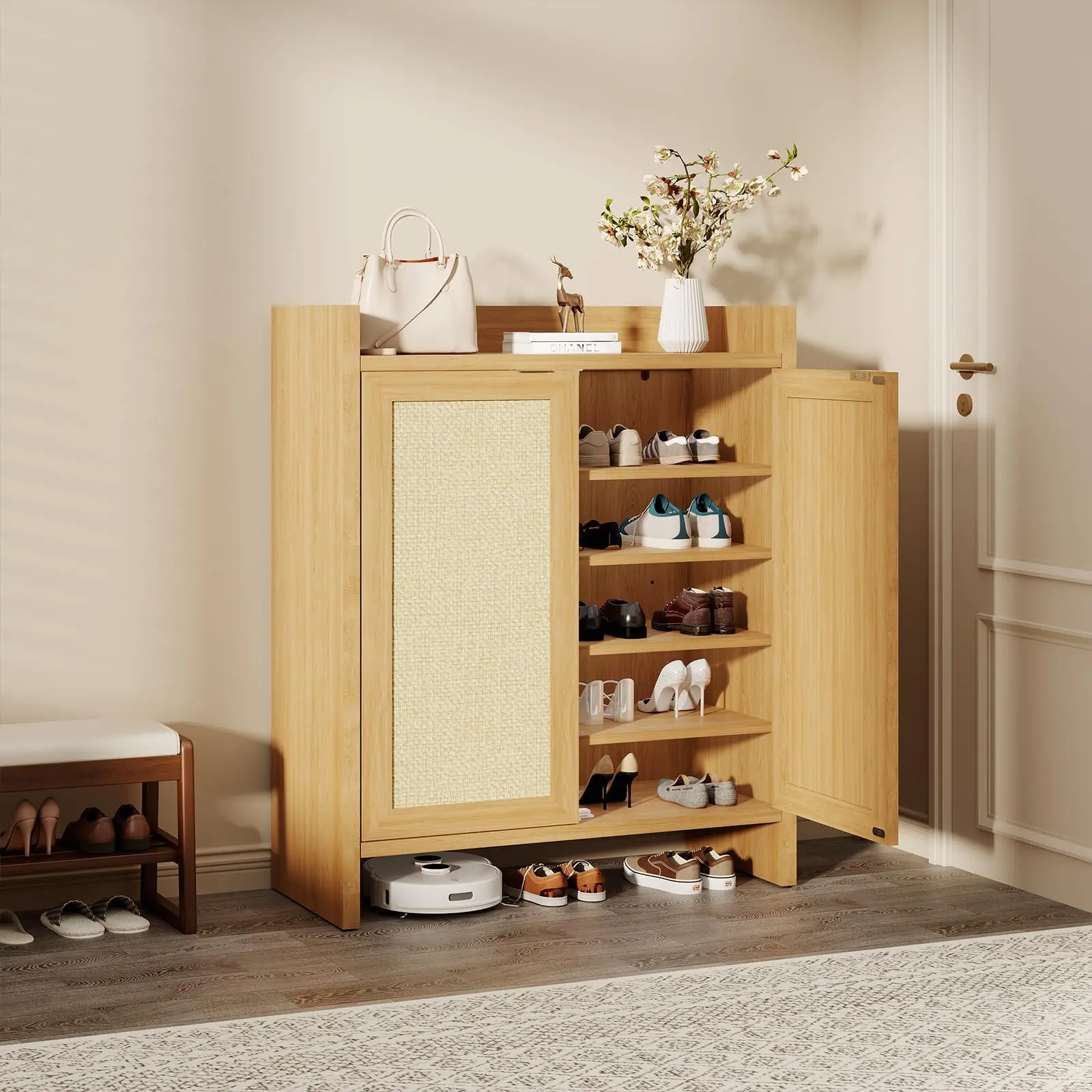 Garvee Boho Rattan Shoe Rack Organizer - 32.3" Modern Farmhouse Wooden Cabinet, 5-Layer with 2 Doors, Adjustable Smooth Shelves, Configurable Storage, Freestanding Home Supplies for Entryway Shoes (20+ Pairs), Plants