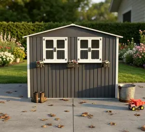 6x9 FT Outdoor Metal Storage Shed, Lockable Double Doors Garden Shed with Window, Flower Rack, Waterproof Weatherproof for Backyard Patio summerwins