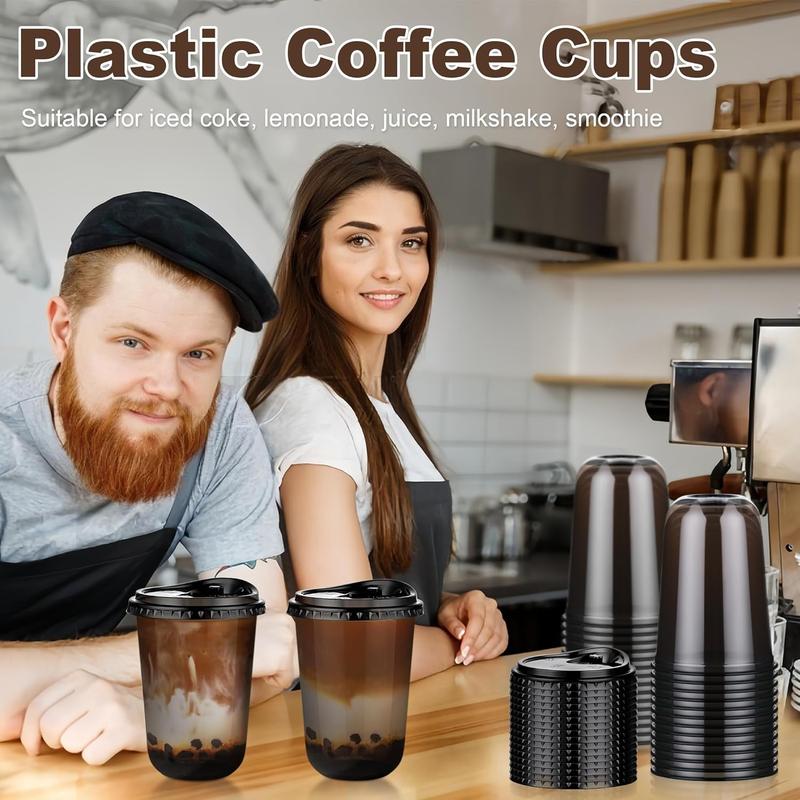 ZAKA MY KITCHEN 50 Pack 16oz Black Plastic Cups with Lids, Disposable Round Bottom Stemless Glasses with Sip Lids, To Go Iced Coffee Drinking Cups for Halloween Party Wedding Catering Events
